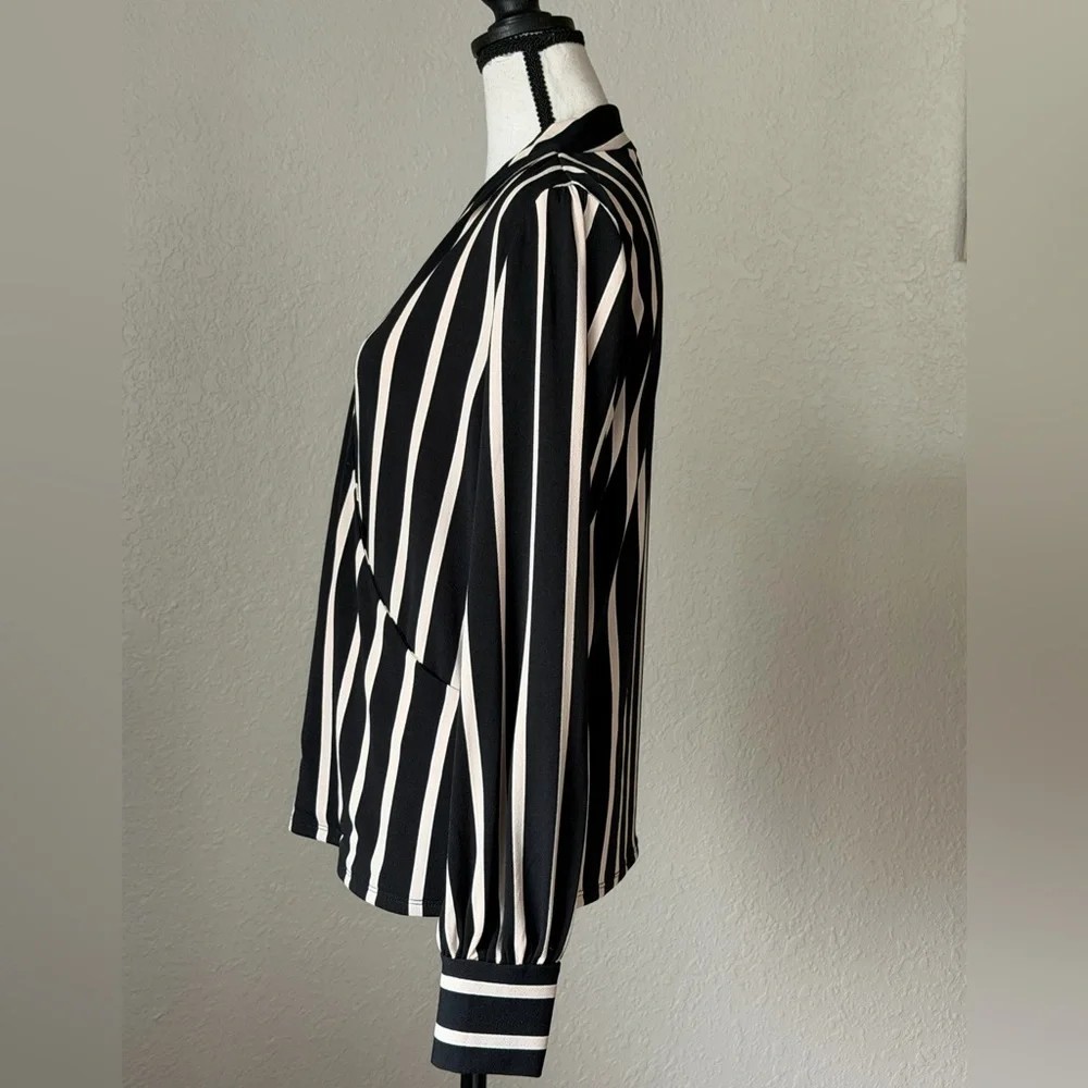 Adrianna Papell Black and Beige Striped V-Neck Blouse - Picture 4 of 8